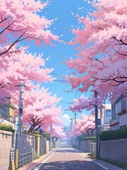 a picture of a street with cherry blossom trees and a blue sky, anime asthetic, anime aesthetic, japanese street, anime vibes, anime scenery, japan travel aesthetic Generative AI