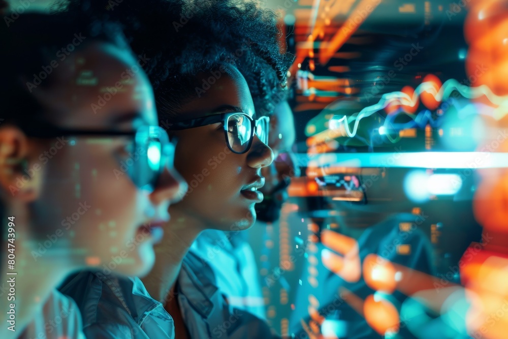 Poster a woman in front of a digital display, analyzing dynamic data lines and patterns