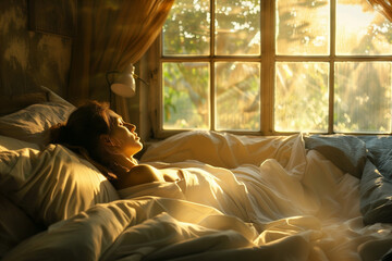Woman resting in bed, illuminated by morning sun