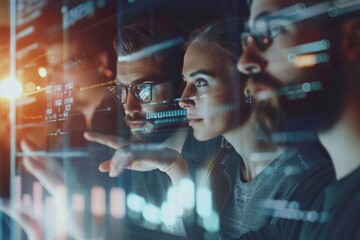 An abstract representation of a team engaging with hi-tech digital information interfaces