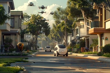 Sunlit future cityscape showcasing autonomous cars, drones, and modern houses