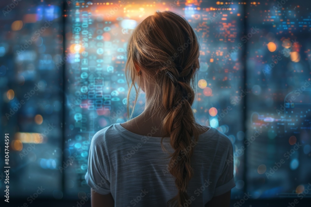 Poster a contemplative woman stands transfixed by a glowing display showcasing an intricate pattern of digi