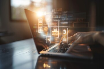 Hands typing on a laptop showcasing digital overlays of blockchain and cryptocurrency icons, reflecting concepts of finance and technology