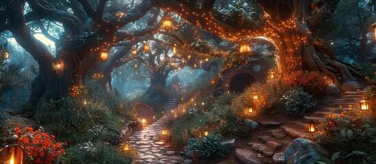 A fantasy forest with giant trees, a path leading to an enchanted cave illuminated by hanging lanterns, lush greenery and vibrant flowers,