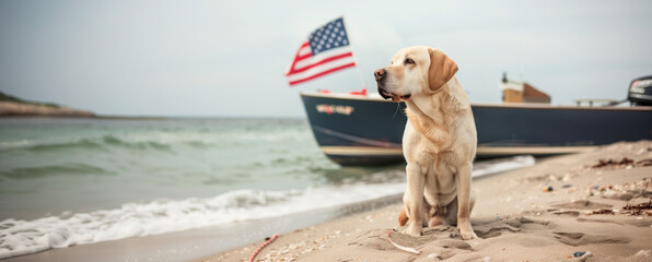 featuring a labrador retriever at a beach, looking off towards an American flag fluttering on a...
