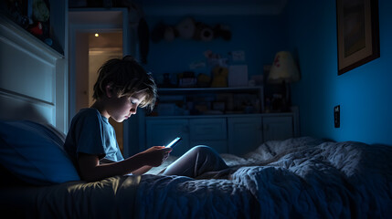 A child using a smartphone lying in bed late at night, playing games, watching videos online, and scrolling the screen. Children's screen addiction. Child's room at night.