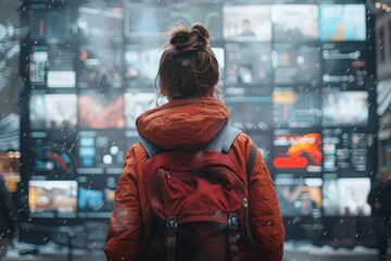 Obraz premium A person from behind, observing multiple electronic displays at a store, depicting consumerism and the digital age