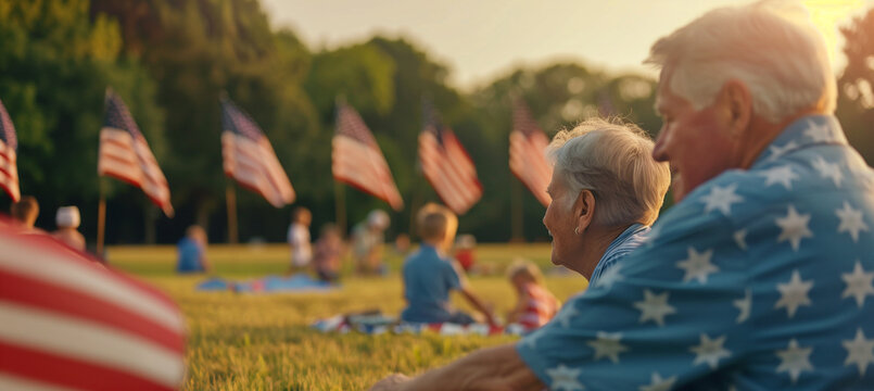 capturing an elderly couple sharing a moment, watching their grandchildren play during a Fourth of July picnic, with American flags in soft focus in the background, Memorial Day, I