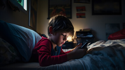 Obraz premium A child using a smartphone lying in bed late at night, playing games, watching videos online, and scrolling the screen. Children's screen addiction. Child's room at night.