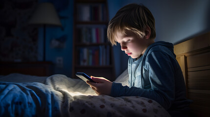 A child using a smartphone lying in bed late at night, playing games, watching videos online, and scrolling the screen. Children's screen addiction. Child's room at night.