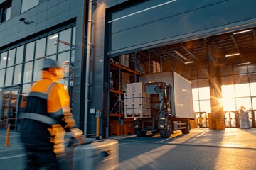 Fototapeta premium A worker in a reflective vest walks at a loading dock, while trucks are parked at sunset