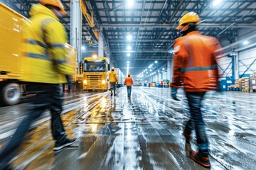 A dynamic image showing blurred workers in orange vests walking in an industrial facility