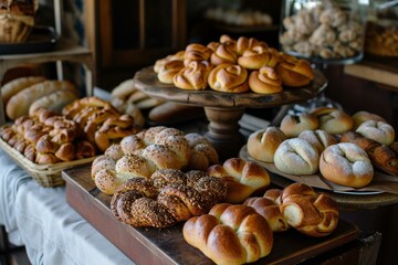 Appetizing Baked buns bread table. Grain french. Generate Ai