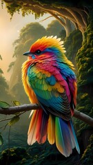 A stunning digital painting of a vibrant, multicolored bird perched on a branch