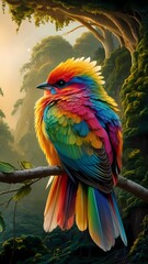 Fototapeta premium A stunning digital painting of a vibrant, multicolored bird perched on a branch