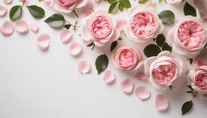 close up of blooming pink roses flowers and petals isolated on white table background floral frame composition decorative web banner empty space flat lay top view ai generative