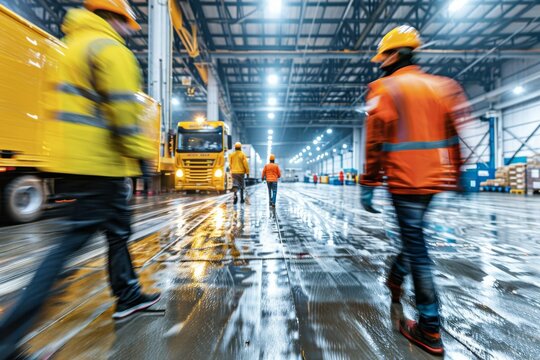 Fototapeta A dynamic image showing blurred workers in orange vests walking in an industrial facility