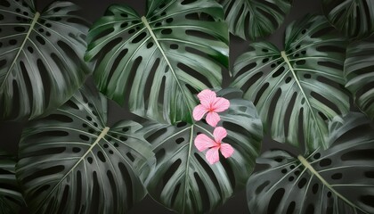 pattern with watercolor monstera leaves and pink flowers generative ai