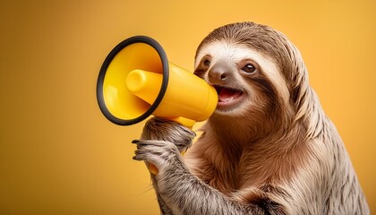 a happy sloth holding a yellow megaphone speaking in it with yellow solid background generative ai