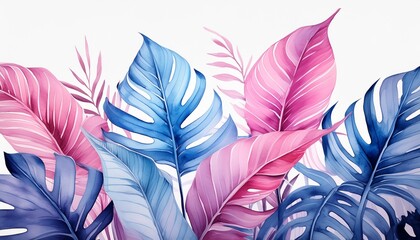 watercolor illustration of vibrant tropical plants with blue and pink leaves on a clean white background - Powered by Adobe