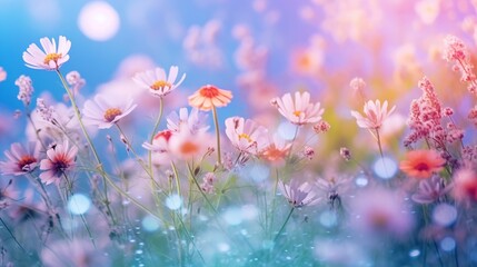 Beautiful spring meadow with yellow wildflowers and sunbeams