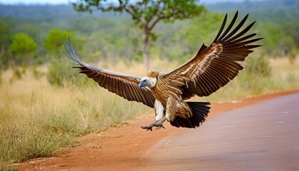 white backed vulture flying before landing in zimanga game reserve in kwa zulu natal in south africa