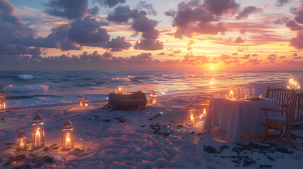 a beautiful and romantic beachside dining setup during sunset