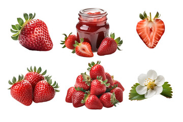 A variety set of strawberries, strawberry jam and blossoms isolated on transparent background