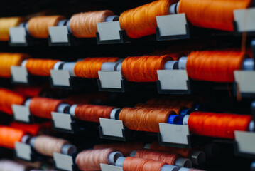 amount of different skeins of threads on special shelves in sewing studio or atelier, several...