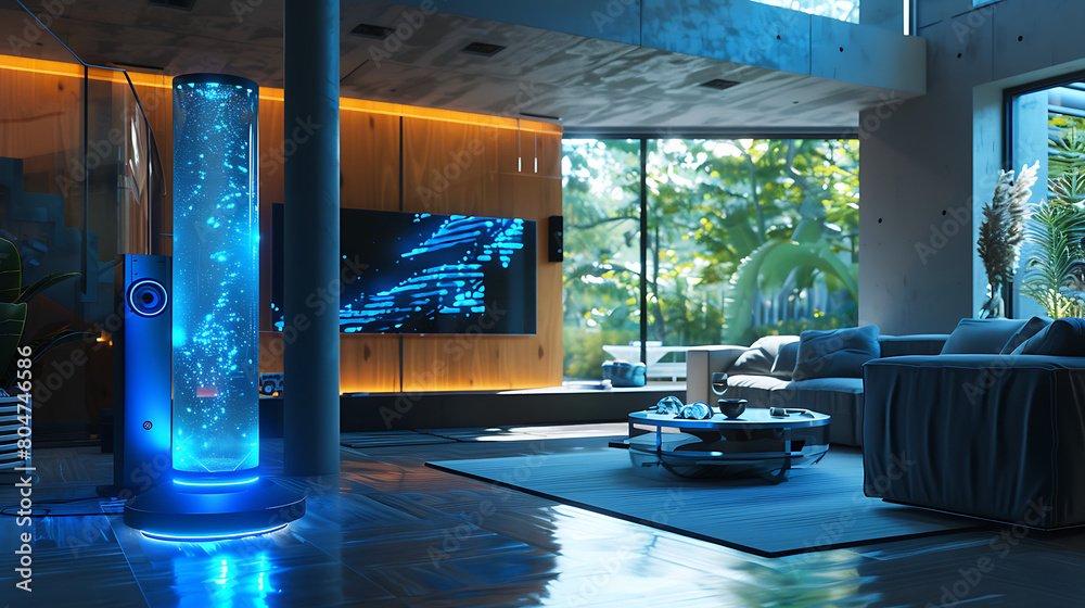 Wall mural The scene is set in a modern living room with a futuristic touch. A holographic display emerges from a cylindrical device on the floor - Wall murals