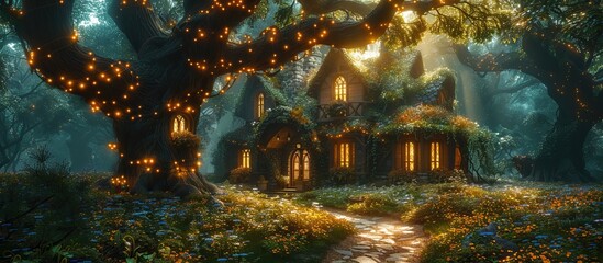 A fantasy forest with giant trees, green leaves and flowers, with magical lights hanging from the...