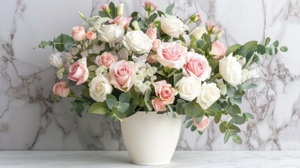 An elegant floral composition featuring a delicate blend of pink white and green blooms such as roses spray roses and lush greenery set against a backdrop of marble in soft pink and white h