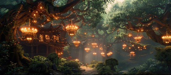 A fantasy forest with giant trees, green leaves and mossy ground, fantasy movie scene