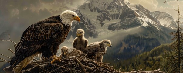 eagle family perches majestically on a nest in a lush, serene forest setting, depicting wildlife's nurturing aspect - Powered by Adobe
