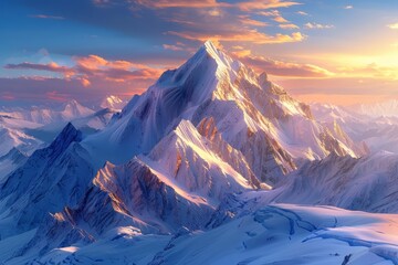 A beautiful landscape of snow-capped mountains. The sun is setting behind the mountains, casting a warm glow over the scene. The mountains are covered in snow.