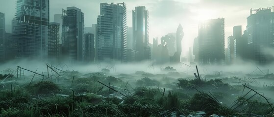 A post-apocalyptic city. The buildings are in ruins. The streets are overgrown with vegetation. The air is thick with fog.