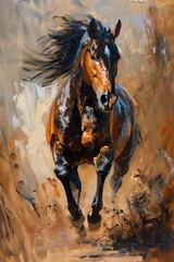 Capture initial energy in a dynamic oil painting of a galloping horse, mane flowing wildly, hooves kicking up dust Show movement with bold, sweeping brushstrokes