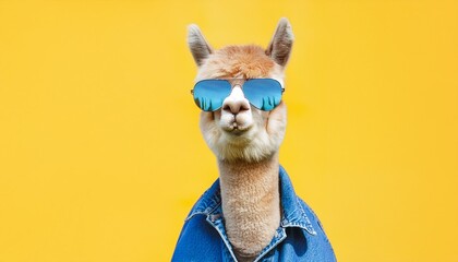 funny animal photography cool alpaca with sunglasses and blue jeans jacket isolated on yellow...