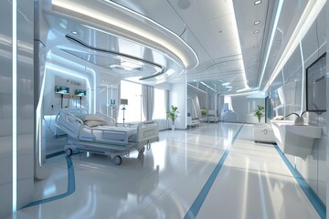 Naklejka premium Design a futuristic hospital room that promotes healing, with soft lighting, calming colors, and nature-inspired elements