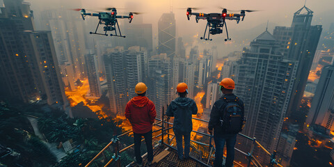 Specialists Use Drone on Construction Site. Architectural Engineer and Safety Engineering Inspector Fly Drone on Building Construction Site Controlling Quality. Focus on Drone