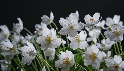 white wildflowers with dew drops on a dark black background