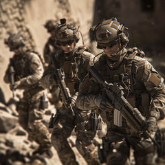Fototapeta premium Focused Military Team Navigating Rocky Terrain 