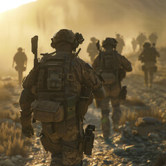 Fototapeta premium Soldiers Marching Through a Dusty Desert at Sunrise 
