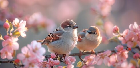 Fototapeta premium A group of cute little birds sitting on a branch, with a pink and green background. Spring apple tree flowers are blooming in full bloom,