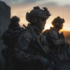 Elite Soldiers Positioned at Sunset During a Special Operations Mission
