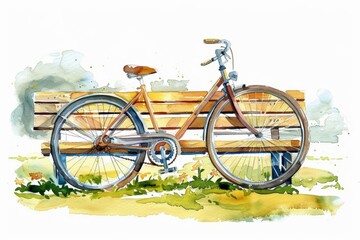 Fototapeta premium A watercolor painting of a vintage bicycle leaning against a park bench