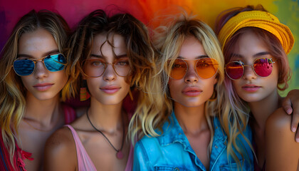 the paper created four cheerful young people in cool colours, collage style, the spectrum of colour