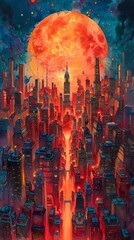 Obraz premium A painting of a city with a large moon in the background