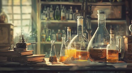 Illustrate a classic chemistry lab scene with vintage glassware and bubbling liquids