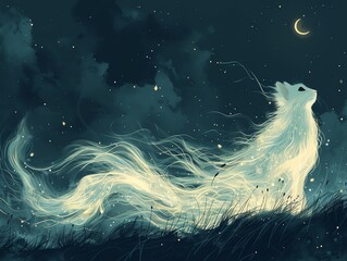 A ethereal white cat stares at the night sky, with a crescent moon in the background.